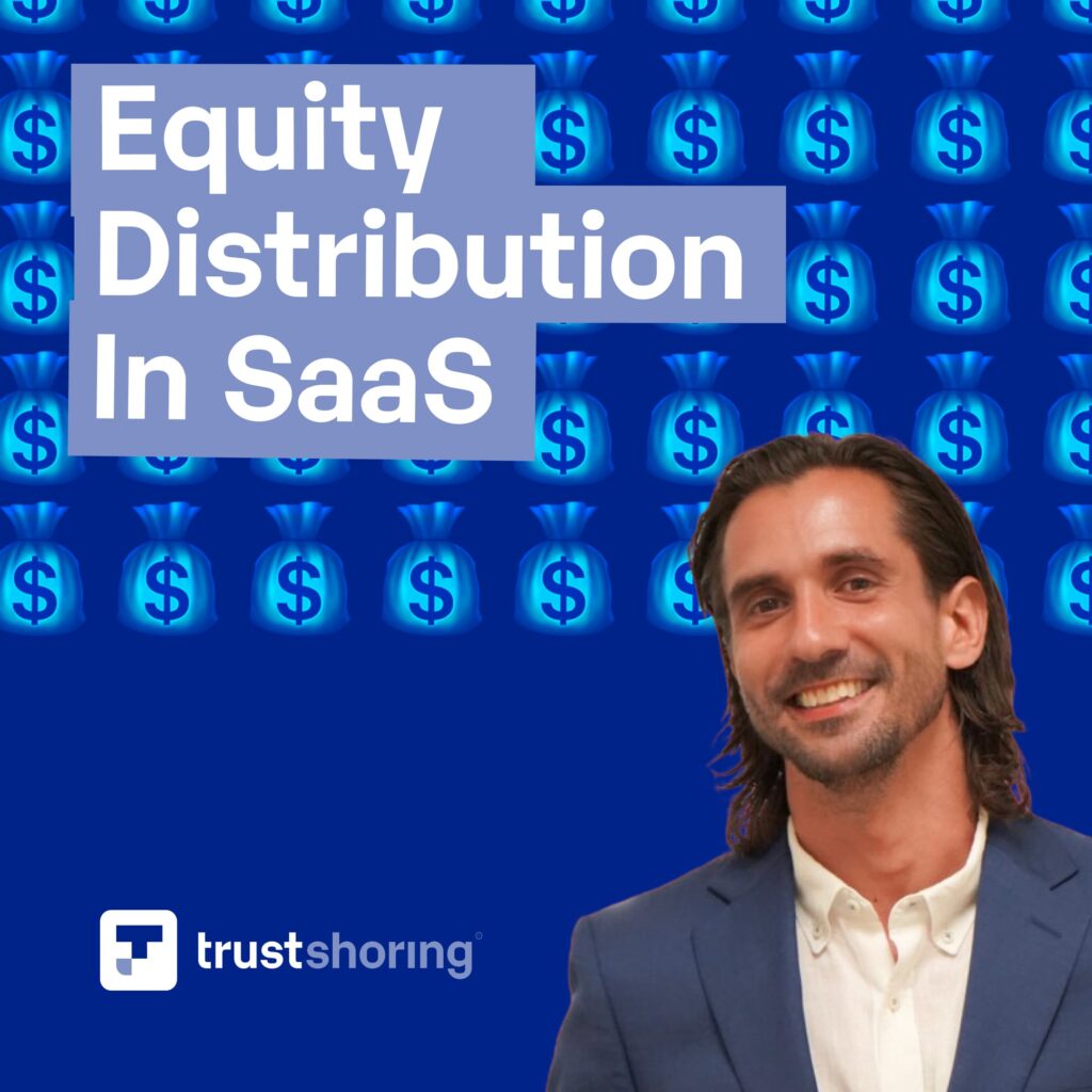 Branded image of Omeed Tabiei, lawyer and managing partner at Optimist Legal. The image is titled: Equity Distribution in SaaS