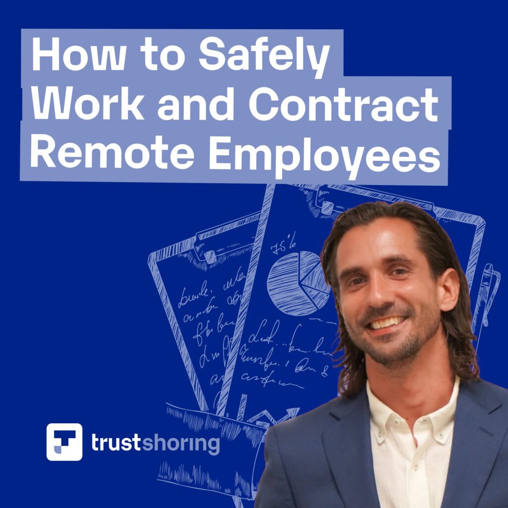 branded image of Omeed Tabiei, lawyer and managing partner at Optimist Legal. The title of the image is 'How to Safely Work and Contract Remote Employees'