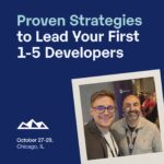 Branded image of Trustshoring titled 'Proven Strategies to Lead Your First 1-5 Developers' with images of Victor Purolnik and Miguel Augustin, the founder and COO of Trustshoring respectively.